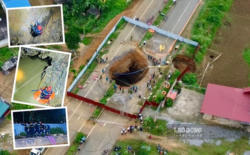 The moment we swung a rope into the death hole to find a missing person in Bac Kan. Photo: Nguyen Hoan.