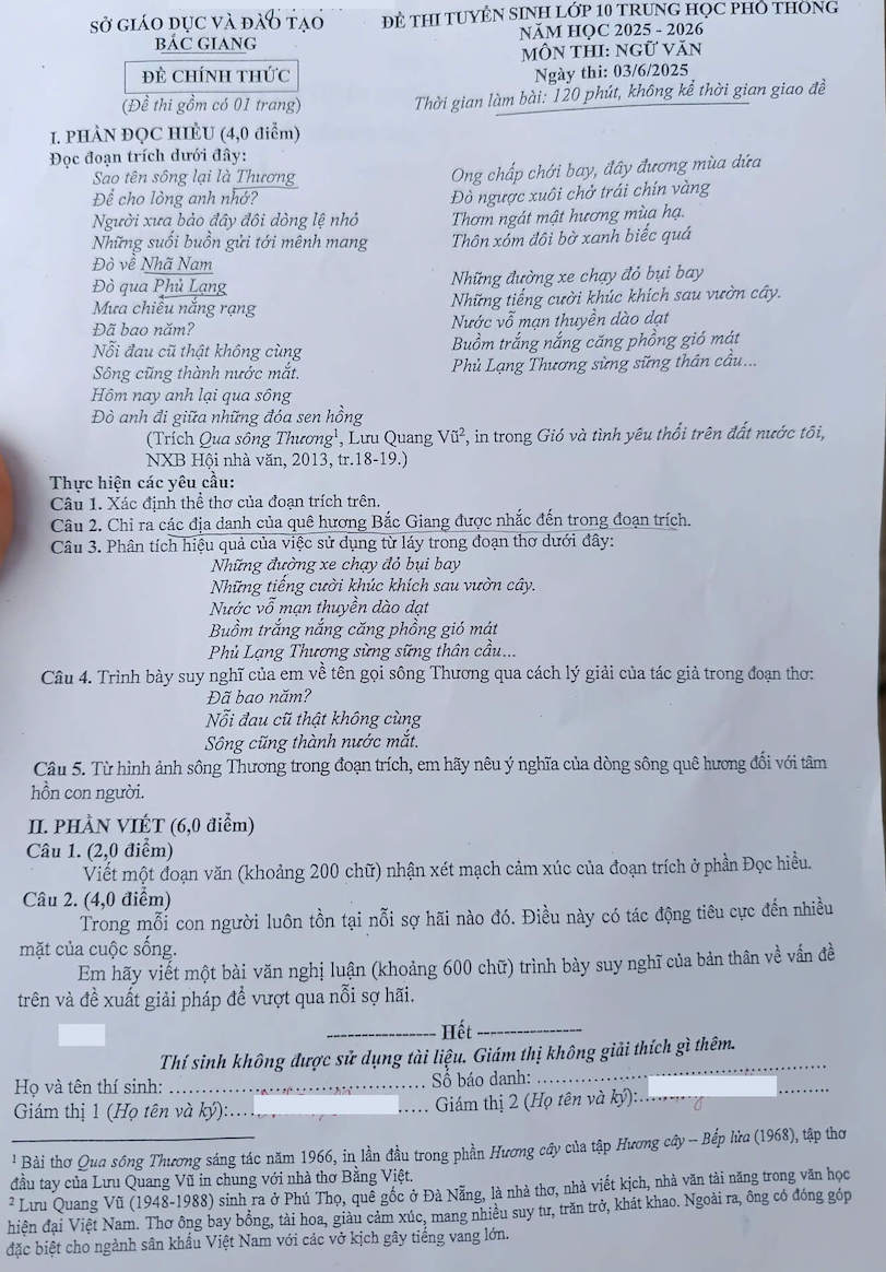 De thi chinh thuc vao lop 10 mon Ngu van tinh Bac Giang nam 2025. Anh: Minh Chau