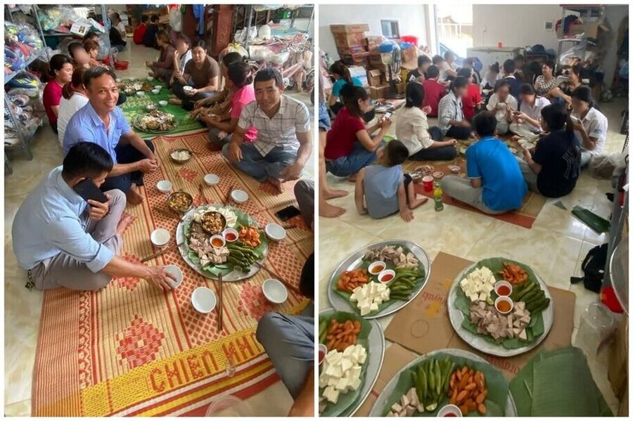 Los padres y los estudiantes felizmente almuerzan y descansan en la casa de la familia del Sr. Ha. Foto: NDCC.