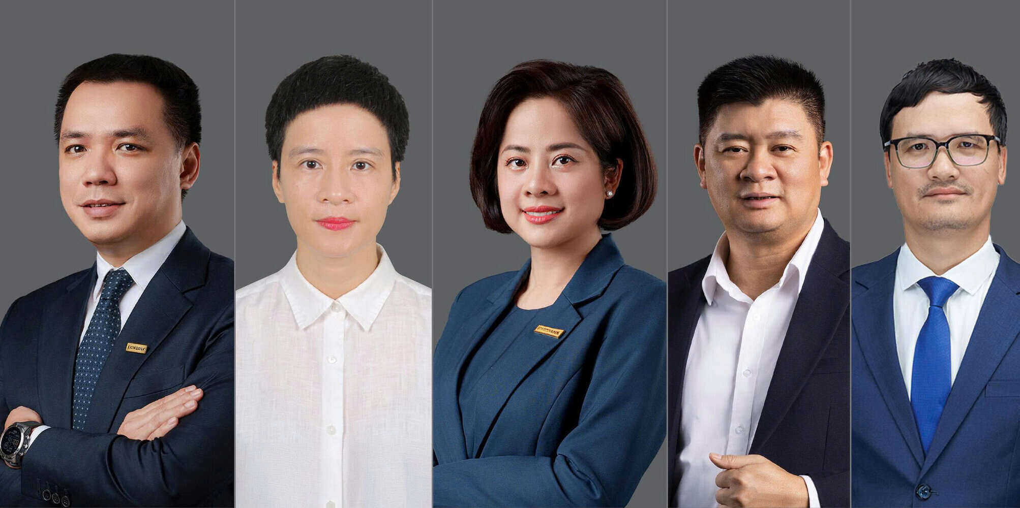 Chan dung 5 thanh vien HDQT Ngan hang Eximbank. Ba Pham Thi Huyen Trang, Tan Pho Chu tich thuong truc HDQT (thu 2 tu trai sang). Anh: EXB