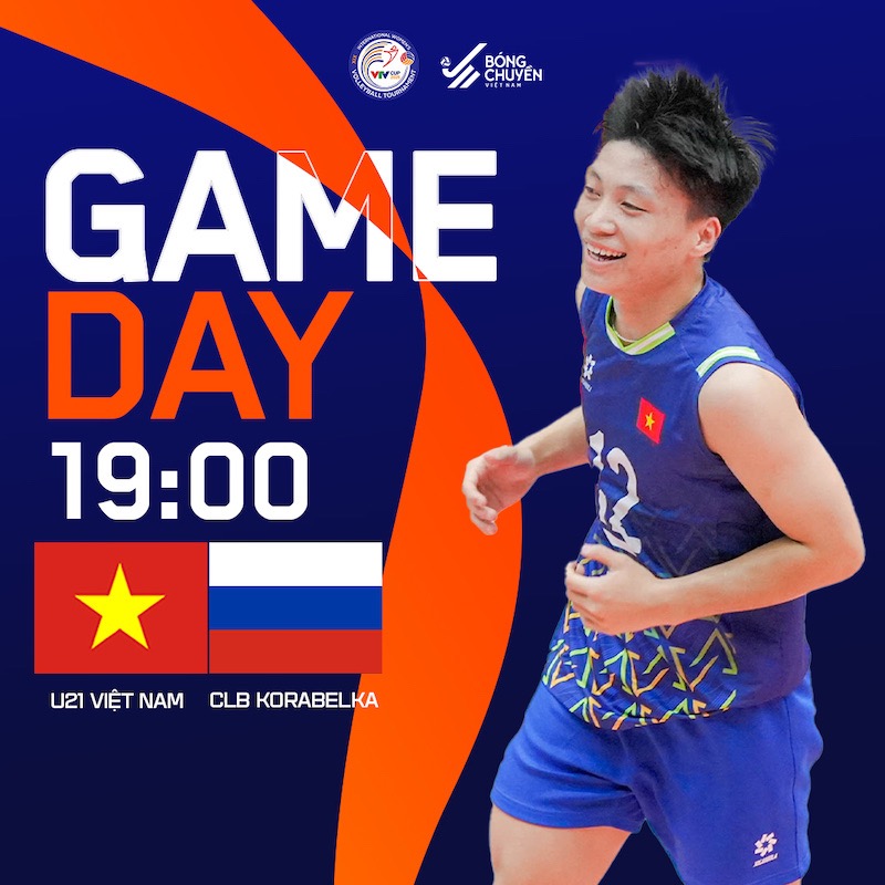 U21 Viet Nam gap cau lac bo Korabelka tai giai bong chuyen nu VTV Cup 2025. Anh: Hoang Hue