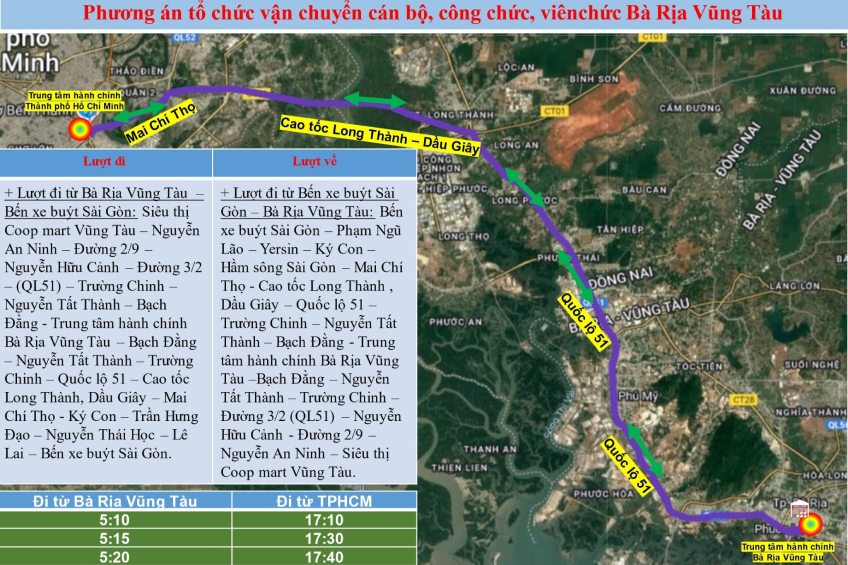 Lich trinh dua don can bo, cong chuc tu Vung Tau di TPHCM lam viec.