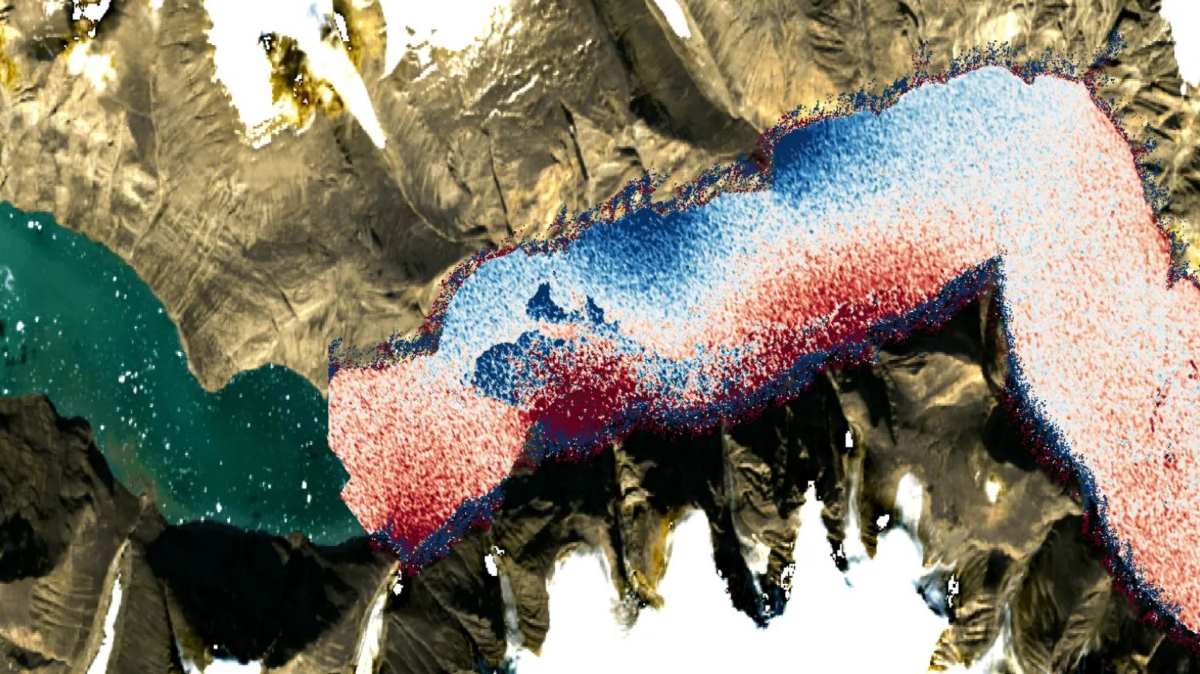 Hinh anh ve tinh Copernicus Sentinel-2 cua vinh Dickson duoc chong len cac phep do do cao be mat nuoc bien tu ve tinh SWOT. Anh: Copernicus/SWOT