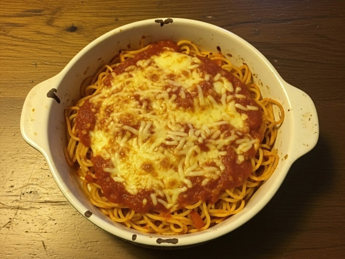 Mì Ý spaghetti sốt cà chua phô mai bỏ lò là món ăn rất được trẻ nhỏ ưa chuộng. Ảnh: Hoài An