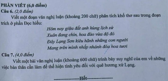 De thi chinh thuc mon Van vao lop 10 tinh Lang Son nam 2025. Anh: Tuyensinh247 