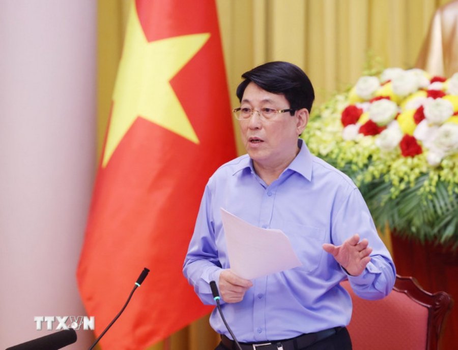 Uy vien Bo Chinh tri, Chu tich nuoc Luong Cuong phat bieu tai cuoc lam viec. Anh: TTXVN