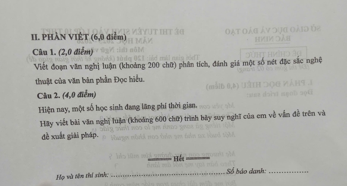 De thi chinh thuc mon Ngu van thi vao lop 10 tinh Bac Ninh nam 2025. Anh: Huong Giang