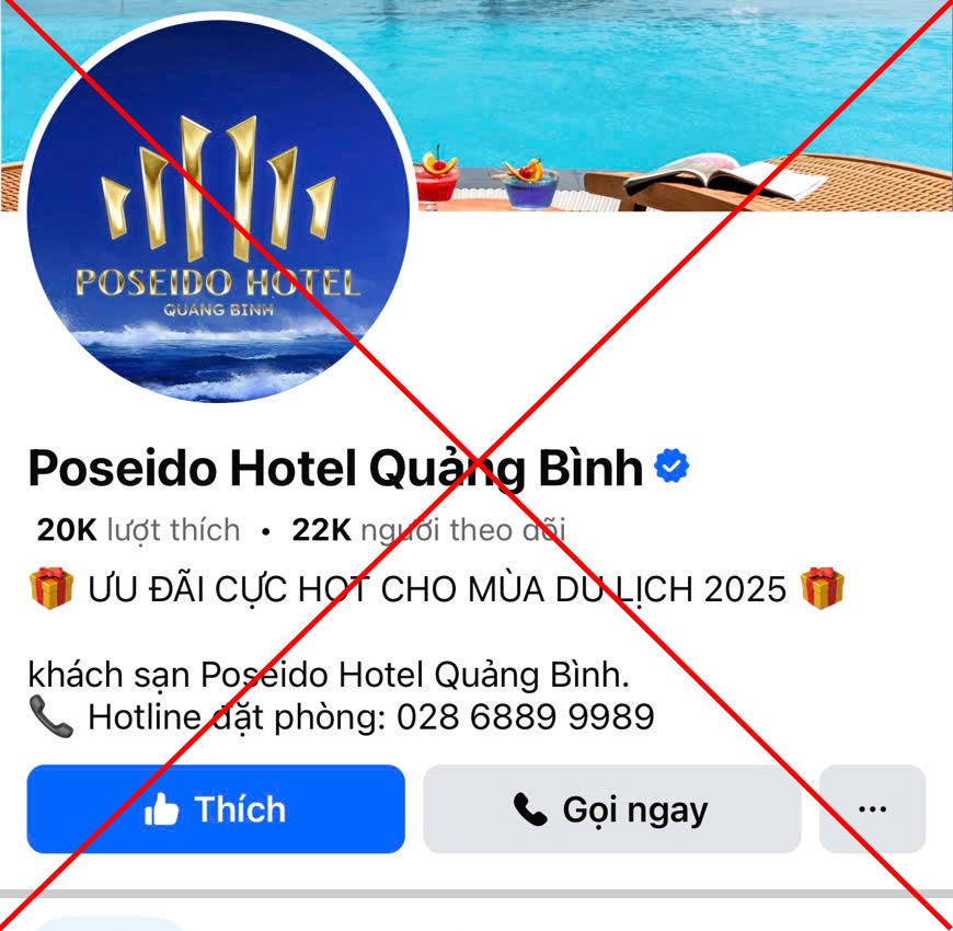 The fake green relic fanpage of Poseido Hotel Quang Binh is used to scam customers. Photo: Poseido Hotel Quang Binh provided