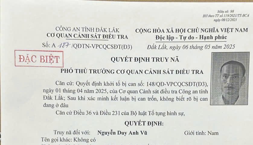 Đối tượng Nguyễn Duy Anh Vũ bị cơ quan chức năng truy nã sau khi lừa đảo chiếm đoạt tài sản. Ảnh: Công an cung cấp