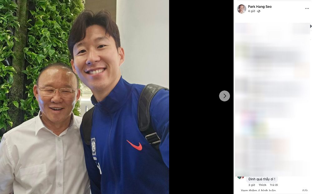 Cựu thuyền trưởng tuyển Việt Nam Park Hang-seo chụp hình cùng Son Heung-min. Ảnh chụp từ bài đăng của nhân vật