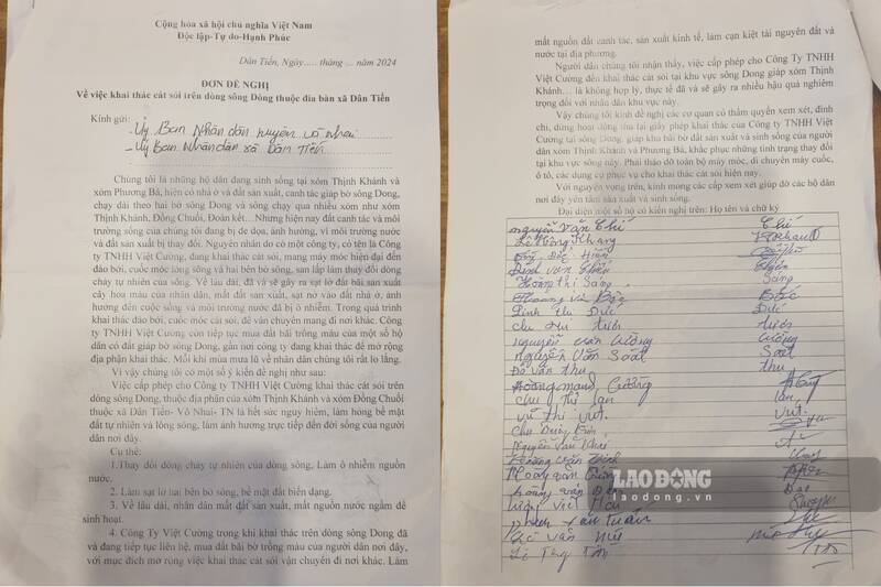 Năm 2024 người dân xóm Thịnh Khánh và Phương Bá có đơn phản đối hoạt động khai thác cát của Công ty Việt Cường. Ảnh: Lam Thanh