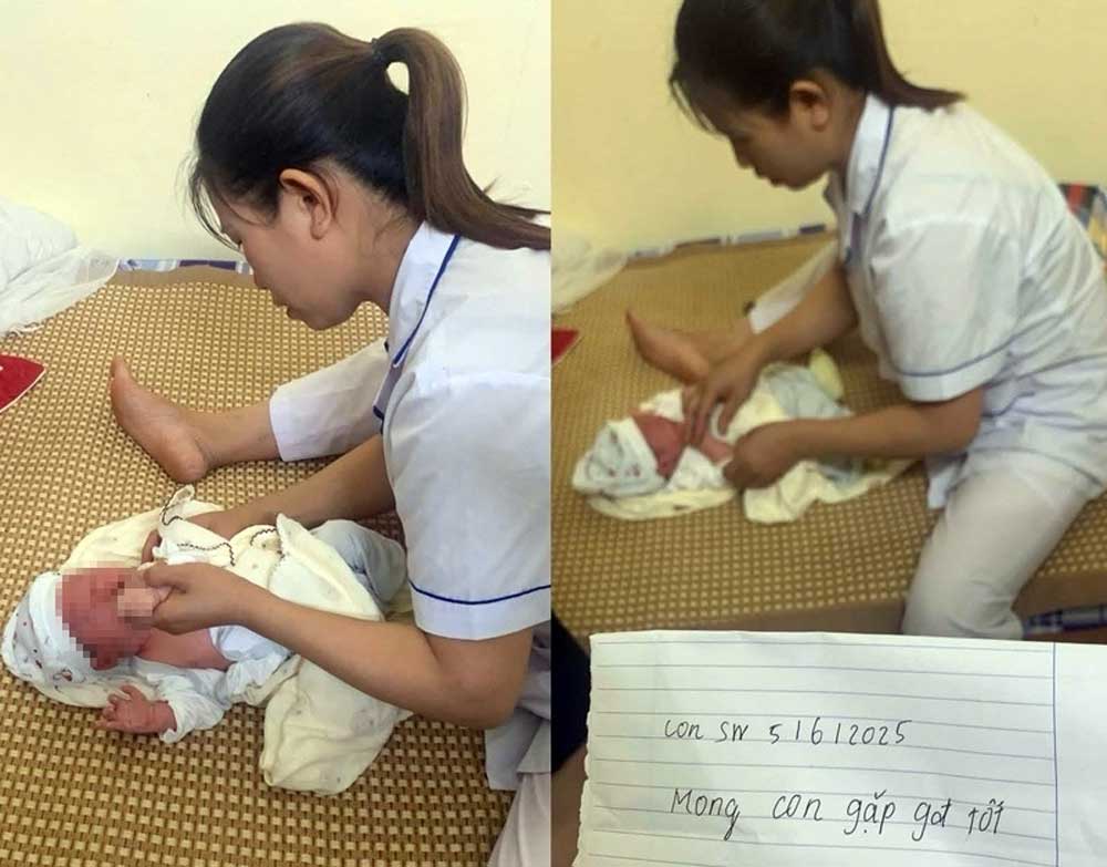 Newborn baby abandoned in Khanh Khe commune, Van Quan district with a message. Photo: Provided by the people.