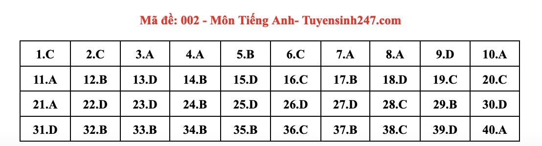 Dap an tham khao mon Tieng Anh vao lop 10 tai Ha Noi, ma de thi 002. Anh: Tuyensinh247