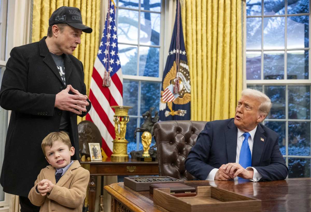 US President Donald Trump and billionaire Elon Musk with their son at the Trump Department, February 11, 2025. Photo: AFP