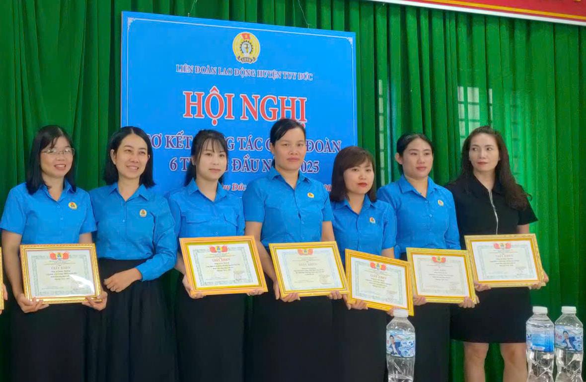 Tuy Duc District Labor Federation has just honored 3 outstanding collectives and 51 individuals. Photo: Manh Hoai