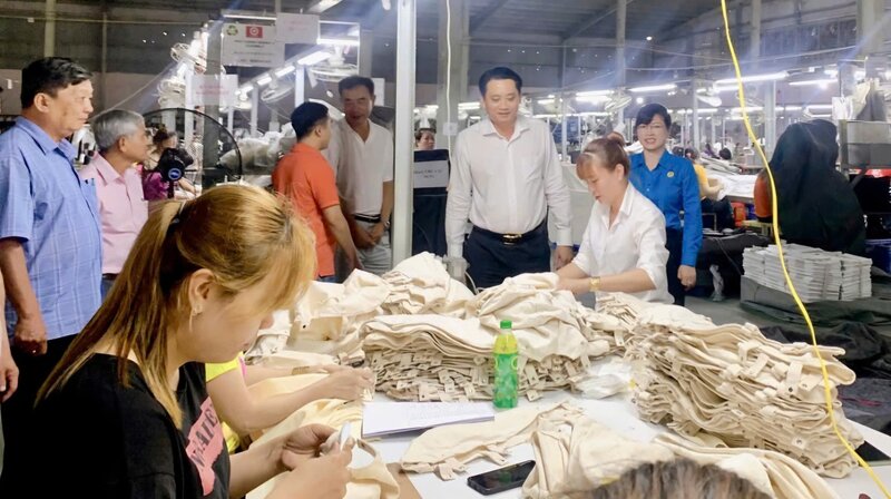 Vice Chairman of the Provincial People's Committee Nguyen Quynh Thien and leaders of the Provincial Federation of Labor visited the production and business situation of Bestmate Vietnam Co., Ltd. Photo: Tra Vinh Provincial Federation of Labor