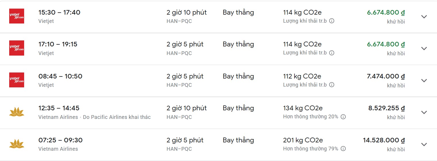 Ve may bay Ha Noi - Phu Quoc khu hoi co gia dat do. Anh: Chup man hinh