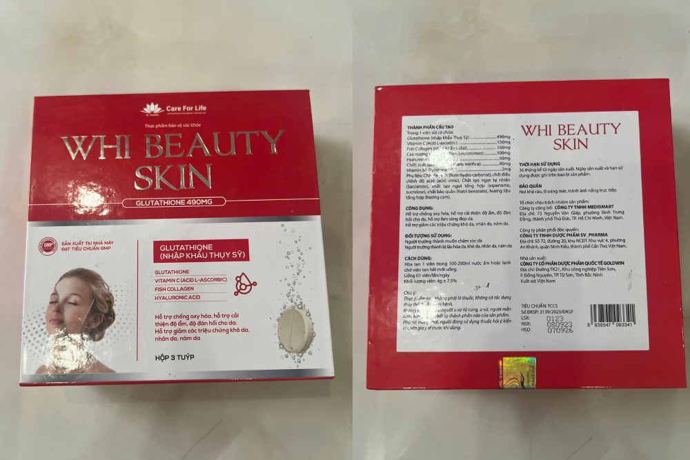 Thuc pham bao ve suc khoe WHI BEAUTY SKIN duoc ban tai Benh vien Da lieu Can Tho. Anh: Nhom PV.