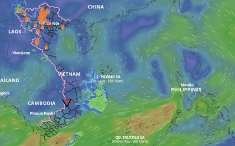 The low pressure area is located at about 17 - 18 degrees north latitude, 117.2 - 118.2 degrees east longitude at 7:00 a.m. on June 9. above is an image of the wind fields at sea updated at 10:00 on June 9. Source: Vietnam Disaster Monitoring System