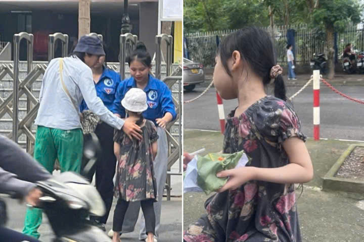 The image of a male student and his 7-year-old sister at a 10th grade exam site in Hanoi was recorded by a parent on the morning of June 9. Photo: Nguyen Hang