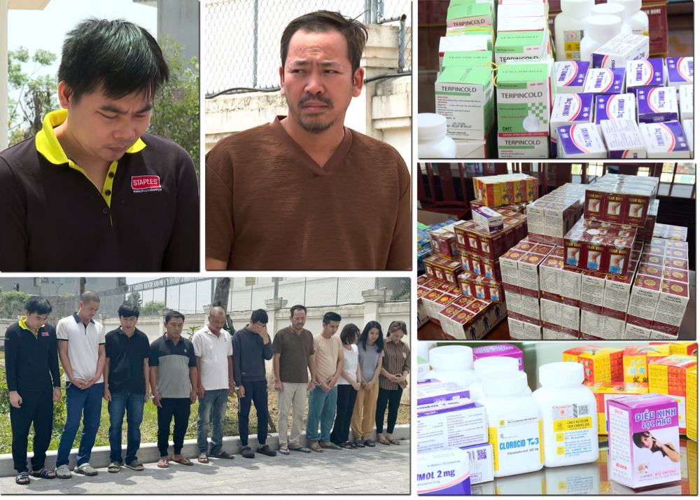 Subjects in the counterfeit drug production and trading ring were arrested with the evidence. Photo: Thanh Hoa Police