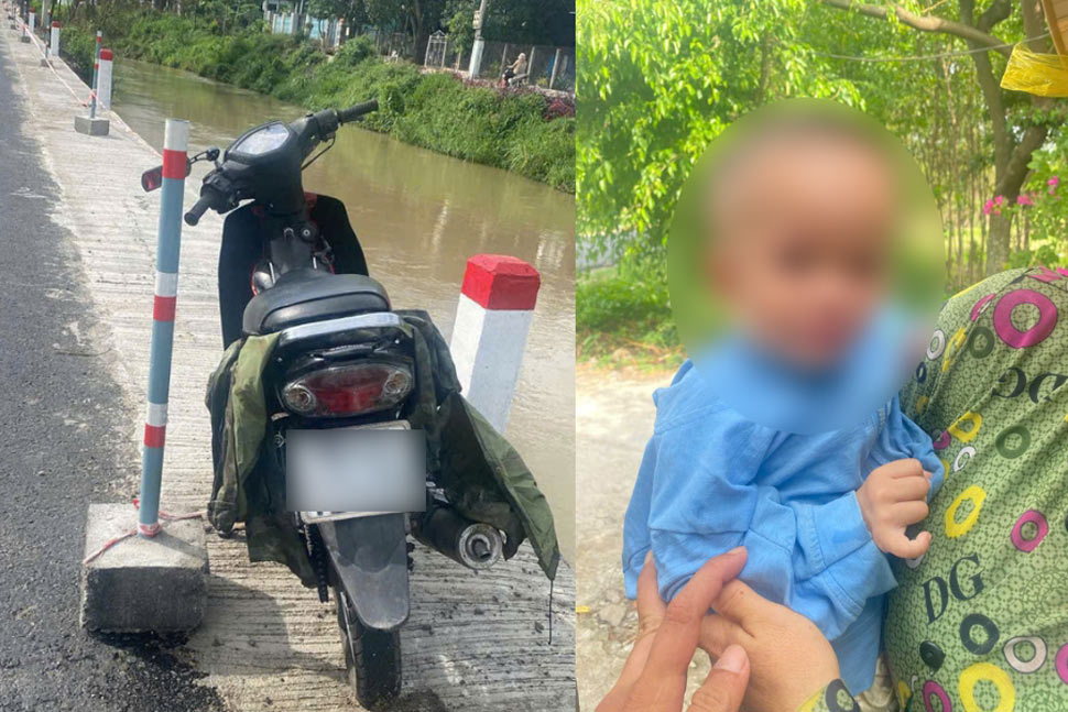 People promptly saved the child's life and brought the motorbike in the accident on National Highway 15 (Phu Yen) to shore. Photo: Minh Hang