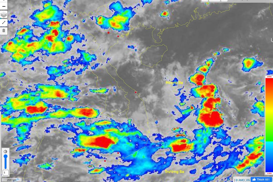 Pronostico de zona de baja presion en el Mar del Sur de China a las tormentas en las proximas 48 - 72 horas. Arriba hay una imagen satelital actualizada a las 20:30 en 9.6. Foto: Centro de meteorologico e hidrometeorologia