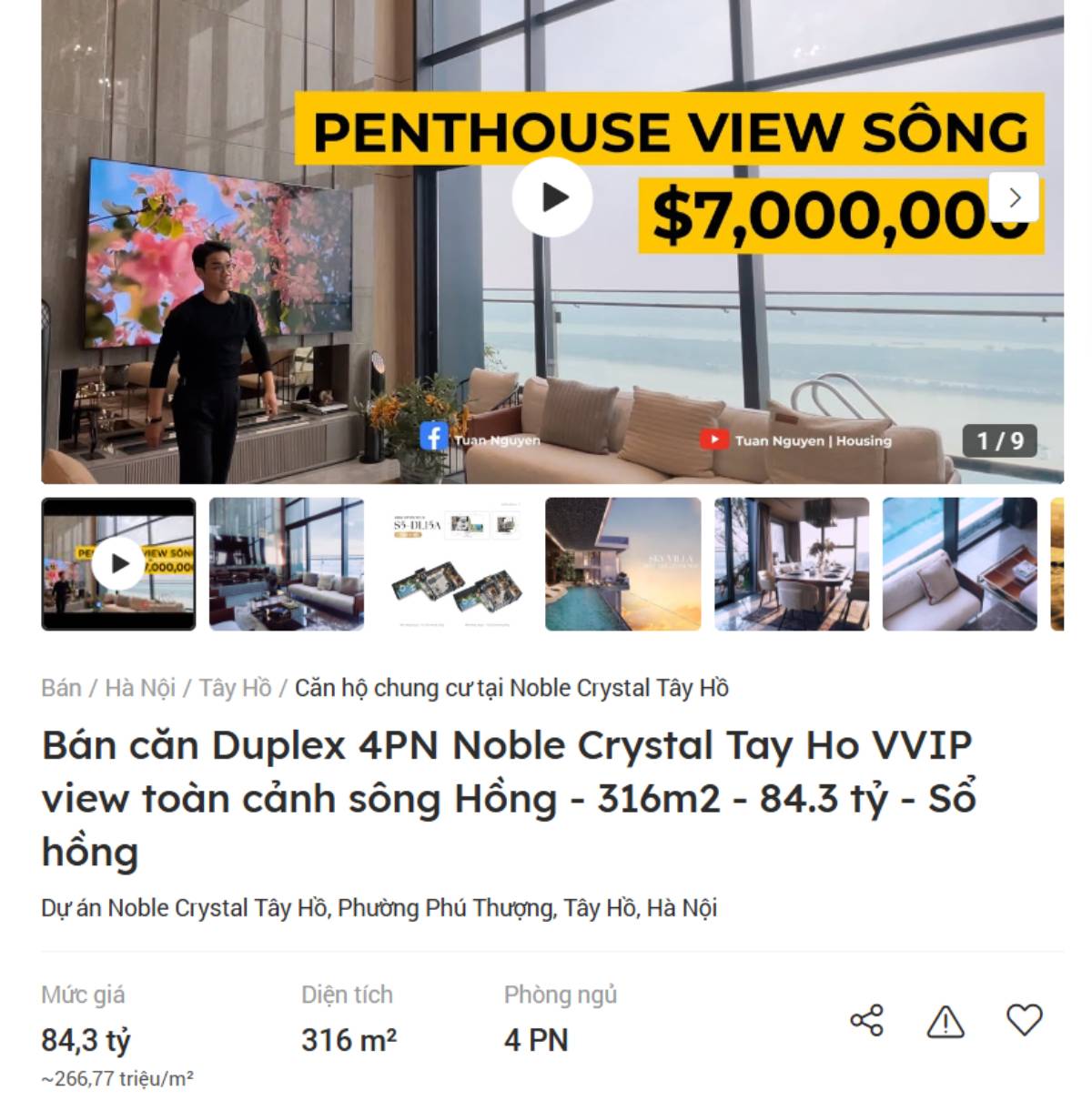 Mot can ho tai du an Noble Crystal Tay Ho (quan Tay Ho, Ha Noi) dang duoc chao voi muc gia 266 trieu dong/m2. Anh: Batdongsan.com