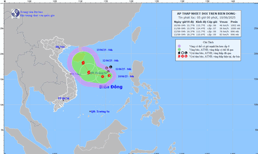Cập nhật vị trí và vùng ảnh hưởng của áp thấp nhiệt đới sắp thành bão số 1 trên Biển Đông. Ảnh: Trung tâm Dự báo Khí tượng Thuỷ văn Quốc gia