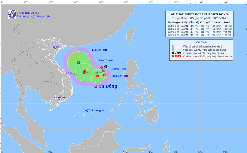 Update the location and affected area of the tropical depression about to become storm No. 1 in the East Sea. Photo: National Center for Hydro-Meteorological Forecasting