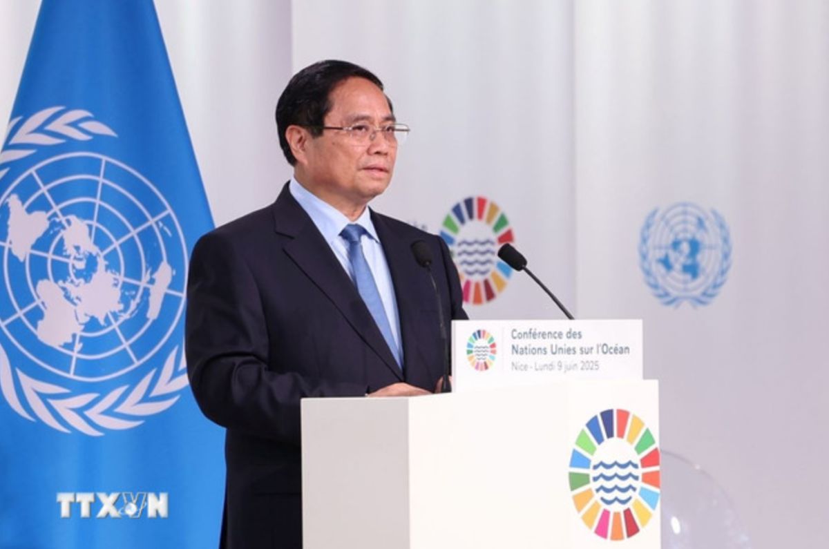 Politburo member and Prime Minister Pham Minh Chinh speaks at the 3rd United Nations Ocean Conference. Photo: VNA
