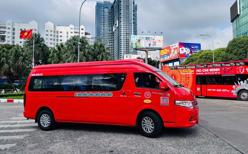 Close-up of the bus carrying civil servants to work in Ho Chi Minh City