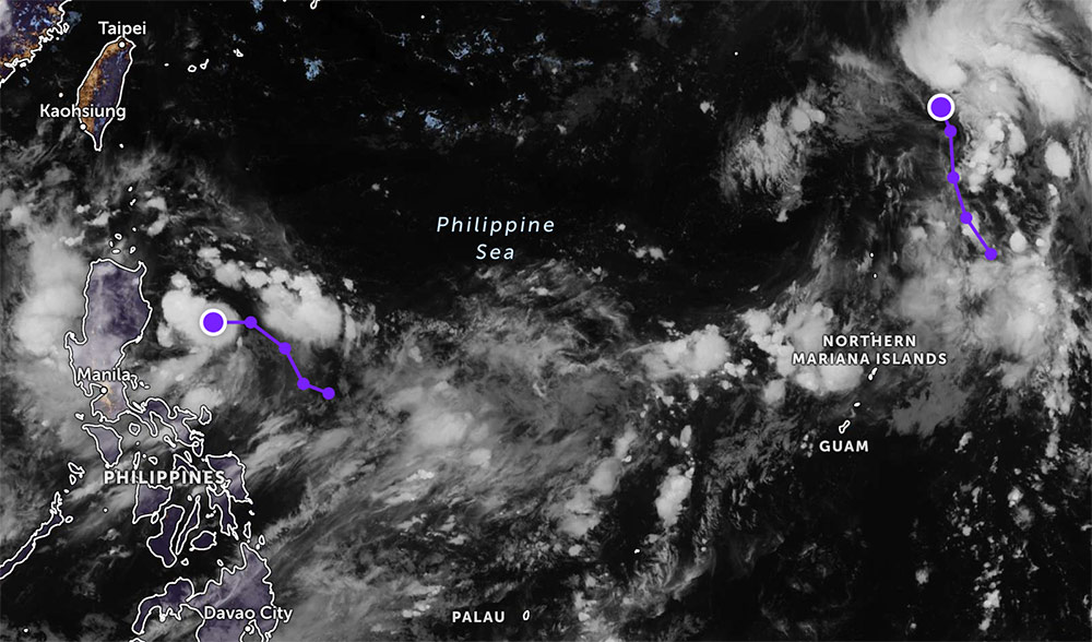 Ap thap nhiet doi o gan quan dao Bac Mariana va ap thap gan Philippines. Anh ve tinh: JMA/NOAA/CIRA