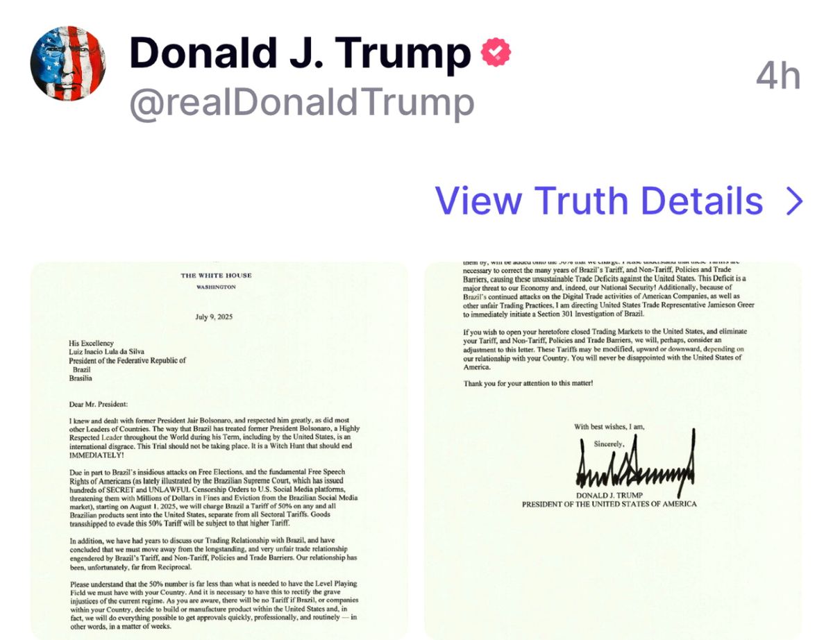 Donald Trump envio un aviso de 50% de impuestos impuestos a Brasil. Foto: TruthSocial/ @Reve7aldTrump