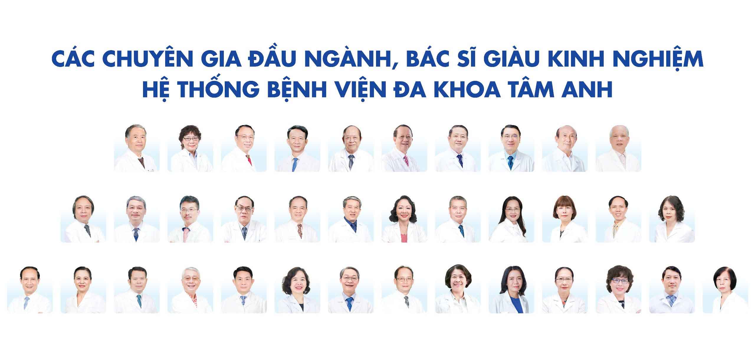 He thong BVDK Tam Anh hoi tu dong dao doi ngu chuyen gia dau nganh, bac si gioi o cac chuyen khoa quan trong. Benh vien cung di dau trong cac linh vuc “thoi thuong” nhu Da lieu - Tham my Da, Mat Cong nghe cao, Dieu tri beo phi.