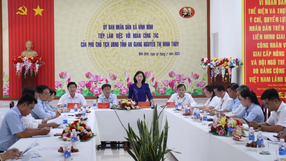 Pho Chu tich UBND tinh An Giang Nguyen Thi Minh Thuy phat bieu chi dao tai UBND xa Vinh Binh. Anh: Ngoc Mai