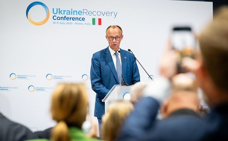 German Chancellor Friedrich Merz speaks at the Ukrainian reconstruction conference in Rome, Italy, on July 10, 2025. Photo: German Government website