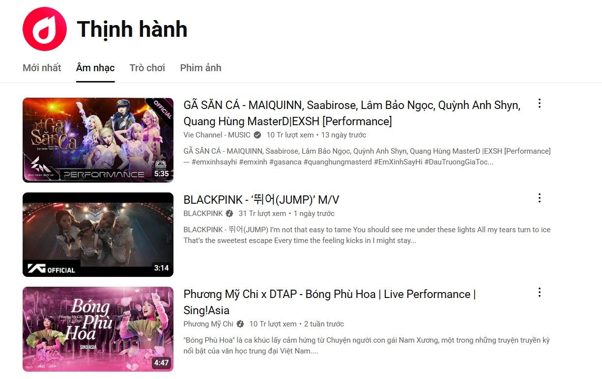 Top Trending Youtube o thoi diem hien tai (12.7.2025). Anh: Chup man hinh
