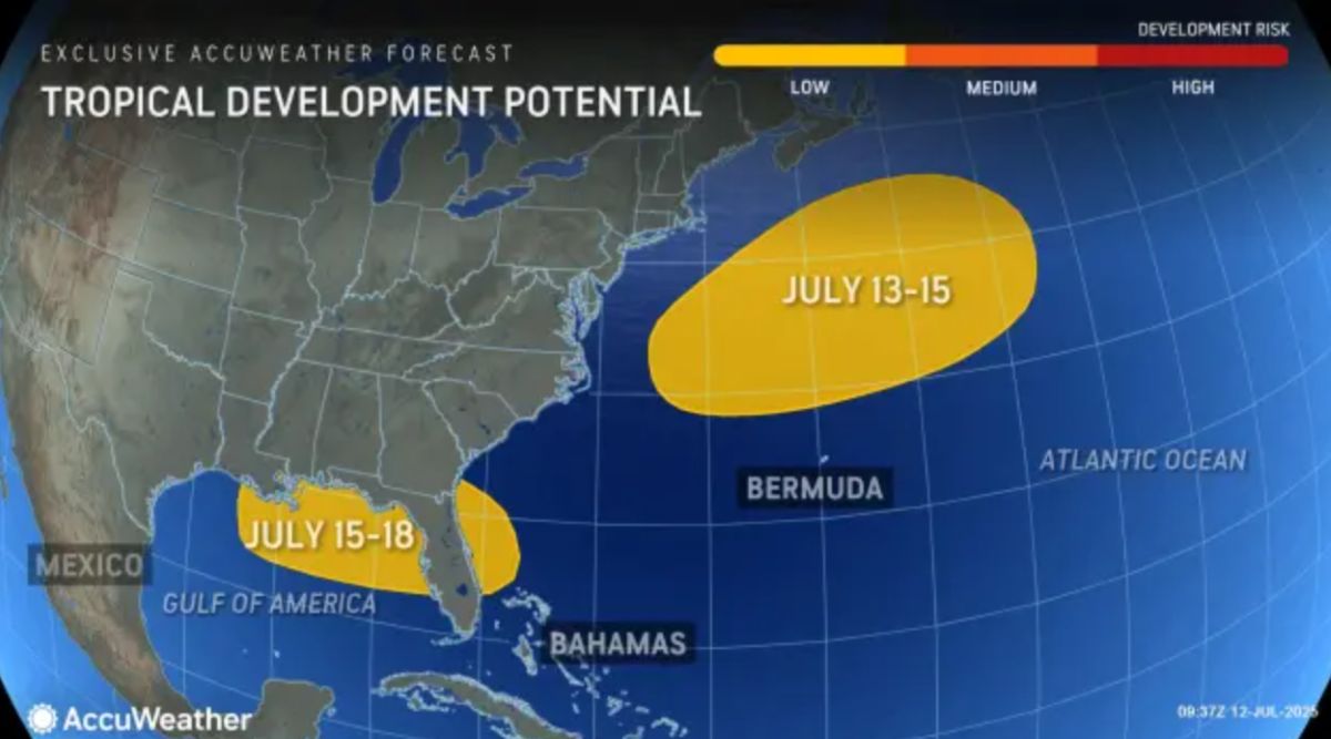 Baja presion, las tormentas pueden aparecer en el Atlantico del 13-15.7 y 15-18.7. Foto: Accuweather