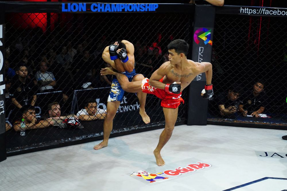 Tran 6 la MMA Pro hang 60kg giua Danh Quoc (do) va Dinh Trung Hieu (xanh). Danh Quoc tung cu da xoay sau chinh xac, gam thang vao vung gan cua Hieu. Dinh Trung Hieu lap tuc guc xuong, vay tay xin dung tran du trong tai con chua kip can thiep.