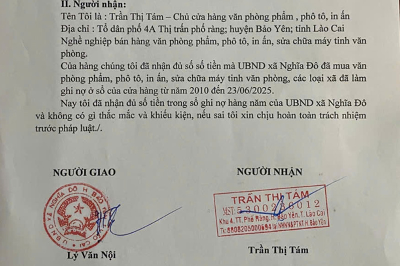 Một số đơn vị ở huyện Bảo Yên cũ, tỉnh Lào Cai đã chốt thanh toán xong nợ cho bà Trần Thị Tám. Ảnh: Đinh Đại