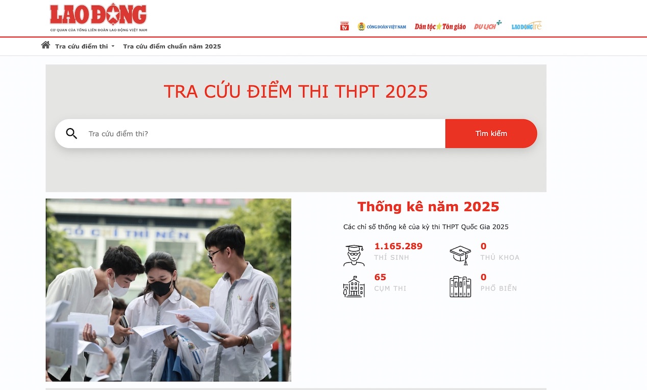 Giao dien trang tra cuu diem thi tot nghiep THPT nam 2025 tren Bao Lao Dong