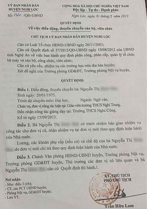 Quyet dinh dieu dong, thuyen chuyen giao vien ky luat sinh con thu 3 vao nam 2013. Anh: Quang Dai