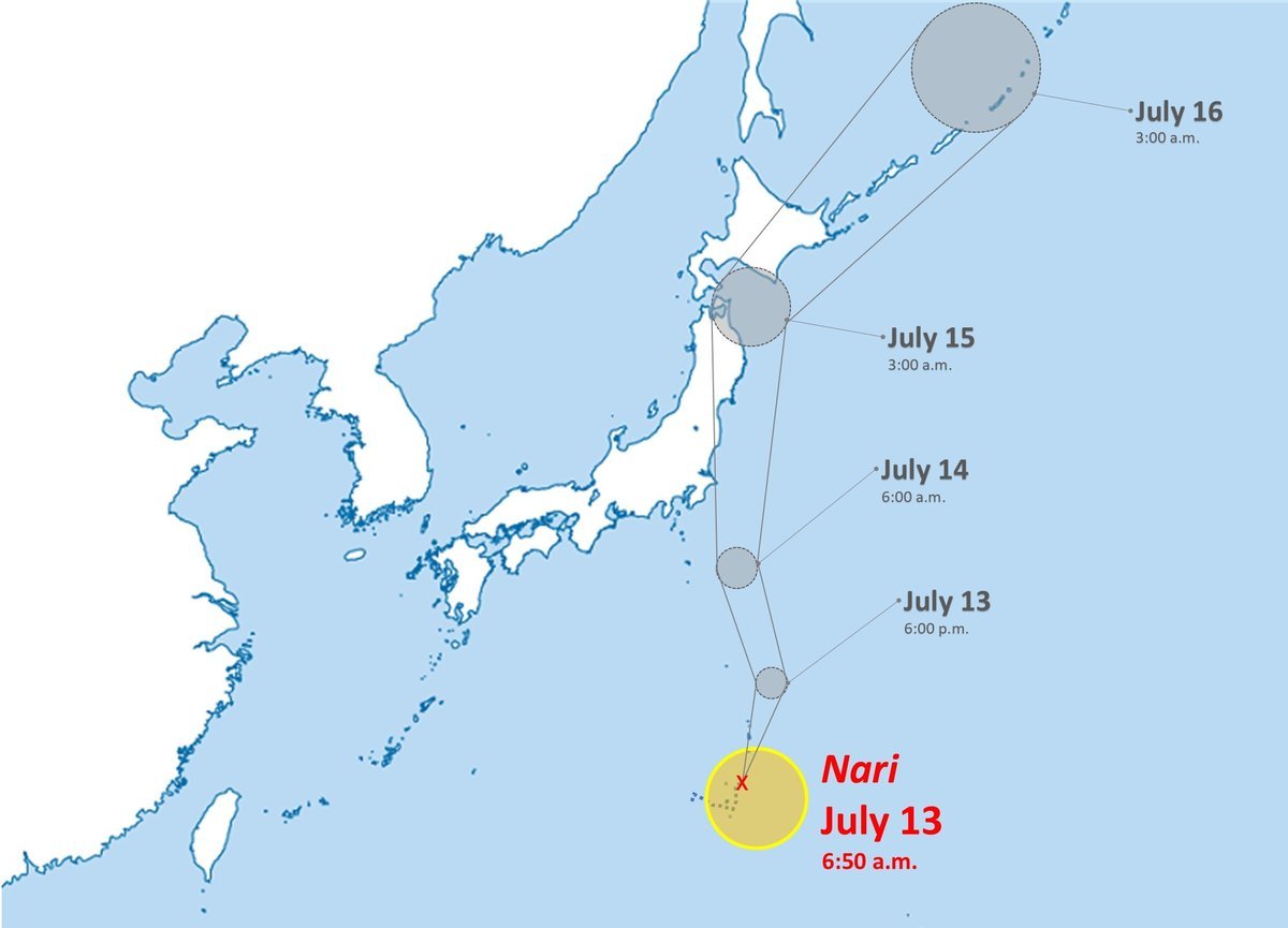 Du bao duong di cua bao Nari va vung anh huong tai Nhat Ban. Anh: JMA