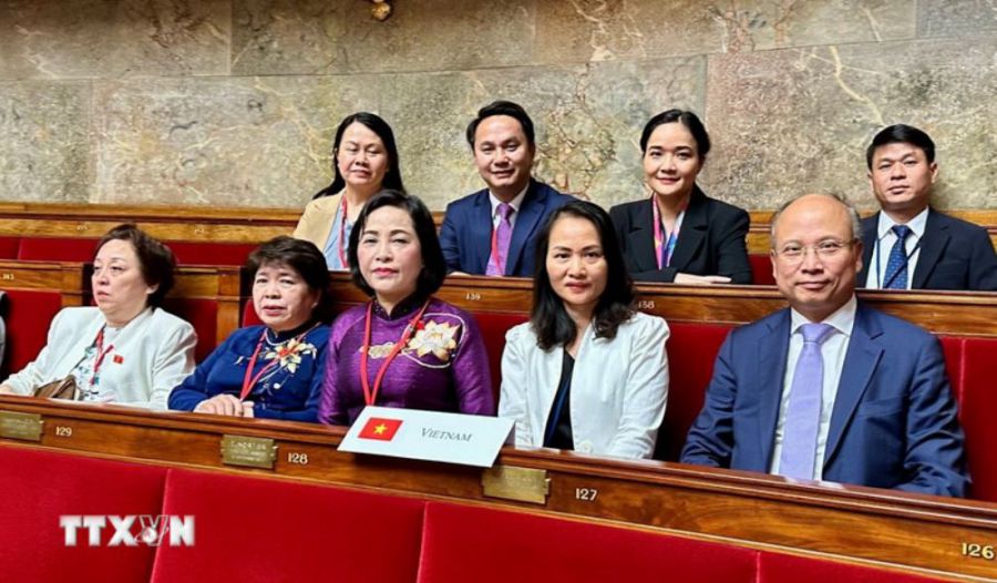 La delegacion vietnamita fue dirigida por el miembro del Comite Central del Partido, Vicepresidente de la Asamblea Nacional Nguyen Thi Thanh (en la linea superior, la tercera desde la izquierda) para asistir a la 50ª Asamblea General de la Union Parlamentaria Francesa (APF) en Francia. Foto: VNA