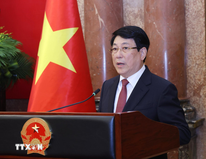 Uy vien Bo Chinh tri, Chu tich nuoc Luong Cuong phat bieu tai buoi le. Anh: TTXVN