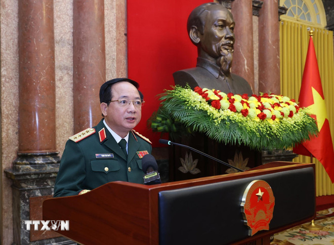 Dai tuong Trinh Van Quyet, Bi thu Trung uong Dang, Chu nhiem Tong cuc Chinh tri Quan doi nhan dan Viet Nam phat bieu. Anh: TTXVN