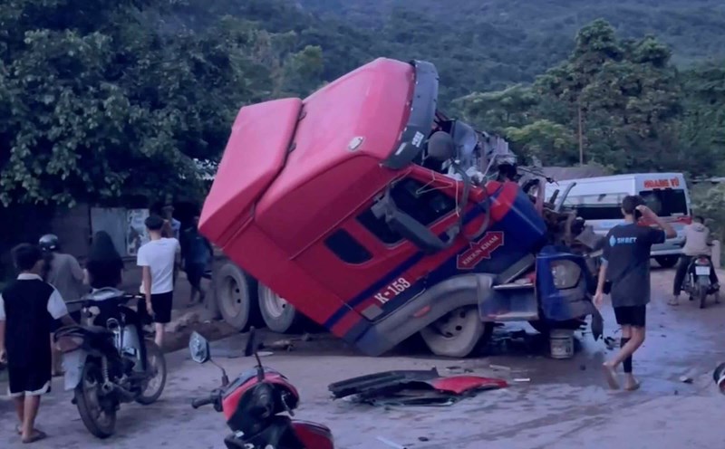 The tractor-trailer was deformed after the collision on National Highway 12A.