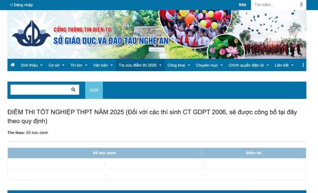 Giao dien website tra cuu diem thi tot nghiep THPT nam 2025 tai Nghe An.