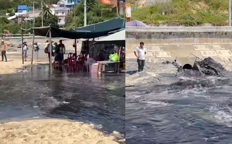 Black wastewater from the discharge gate of the Project to Improve and Expand the Road along the embankment of Ly Chanh and Ly Hoa villages (Gia Lai) overflows onto the beach. Photo: Binh Dinh News